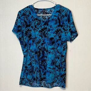 Zoe + Chloe Womens Medium Floral V-Neck Scrub Top Pockets Stretch.